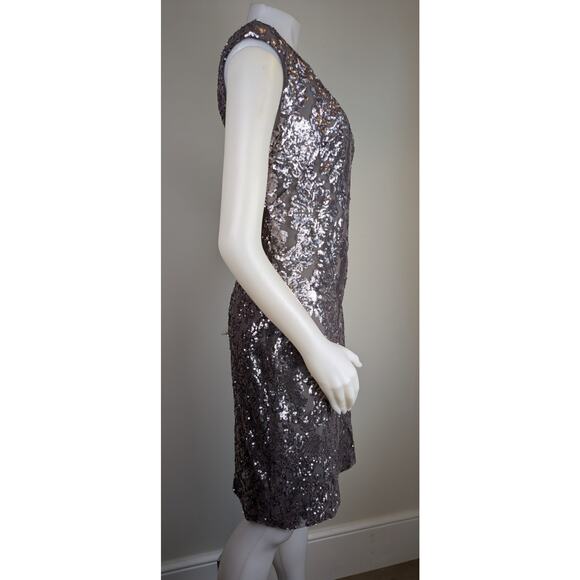 Ralph Lauren Gray Silver Sequin Tulle Evening Sheath Dress Keyhole Back Size 10 - Picture 6 of 12
